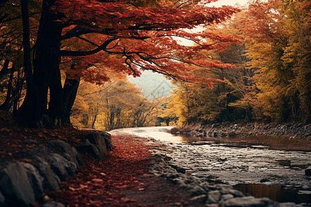 秋天红叶下的溪流背景图片
