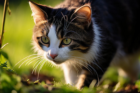 悠闲的猫咪在草地上漫步图片