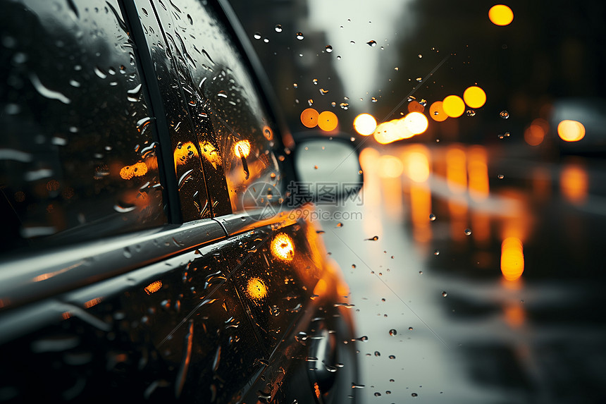 城市雨幕中的汽车图片