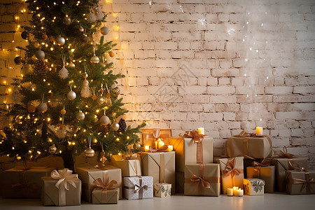 砖墙边圣诞树与礼物图片