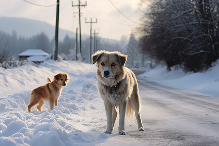 积雪道路上的牧羊犬高清图片