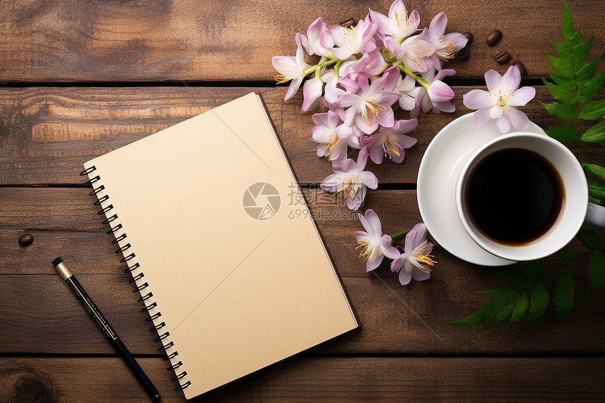 桌子上的咖啡和笔记本图片