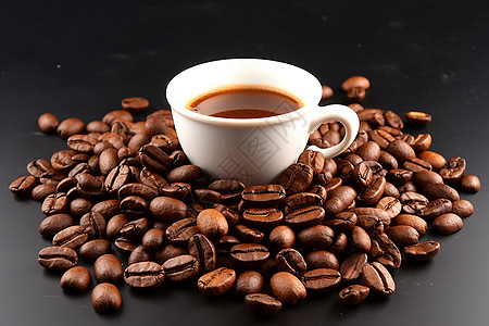 袋装咖啡豆一杯放在咖啡豆上的咖啡背景