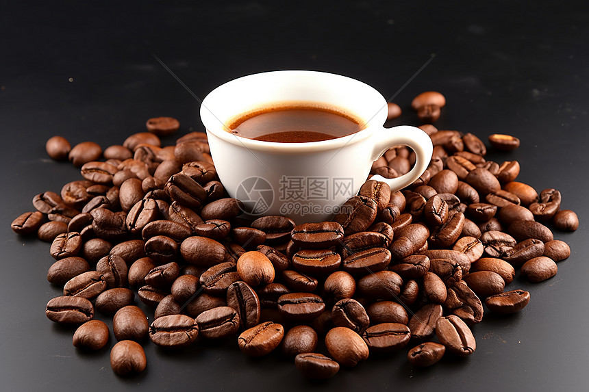 一杯放在咖啡豆上的咖啡图片