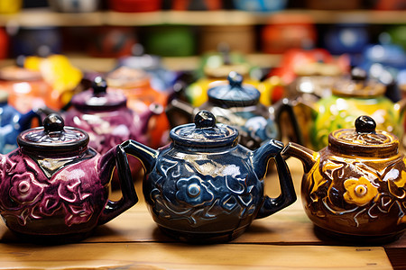 彩色手工陶瓷茶具图片