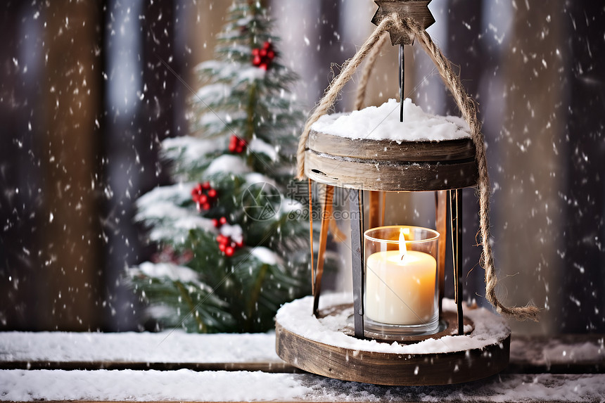 雪中的圣诞树和蜡烛台图片