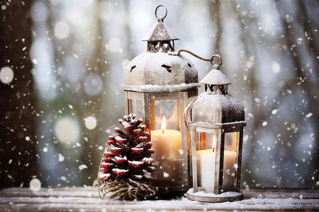 蜡烛台雪中的松果和灯背景