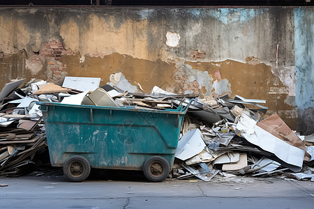 金属垃圾废墟中的垃圾箱背景