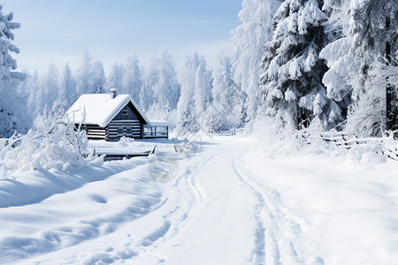 积雪覆盖的林间小屋高清图片