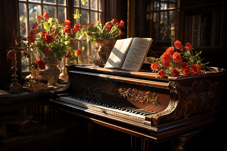 钢琴上的琴谱和鲜花图片