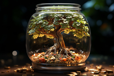 玻璃罐里的摇钱树背景图片