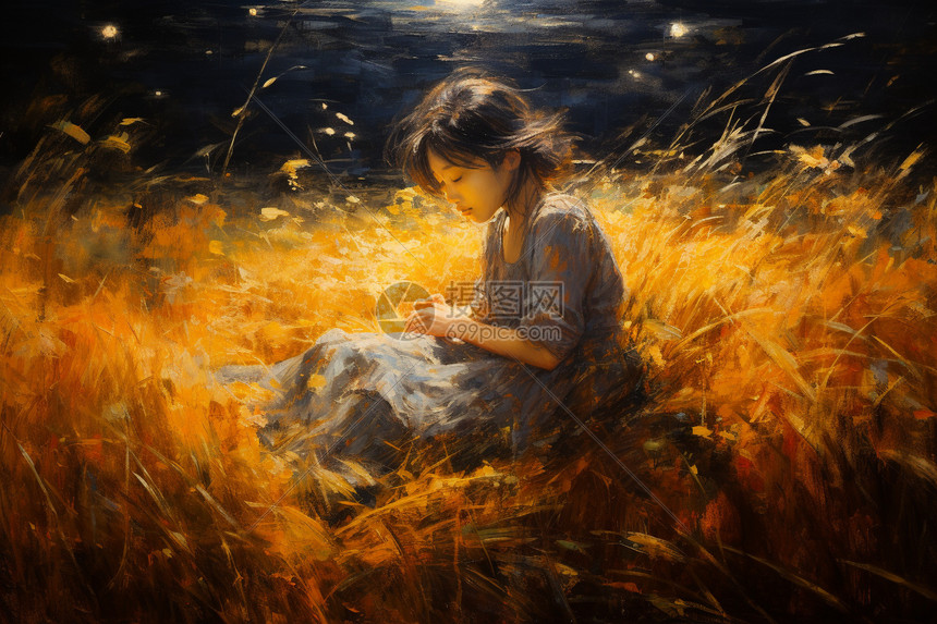 躺在金色稻田上的小女孩图片