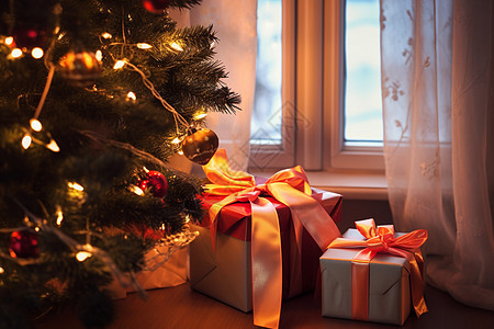 窗前的圣诞树下有礼物图片