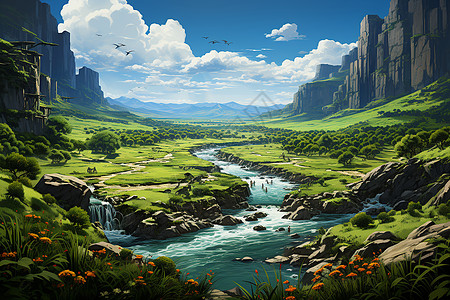 宁静的河谷景色背景图片