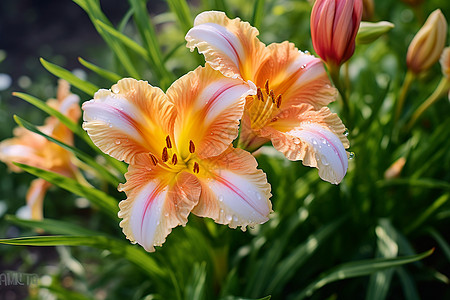 盛开百合花夏日花园中的鲜花盛开背景