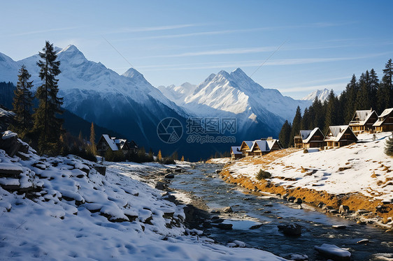 雪地山脉的冬季美景图片