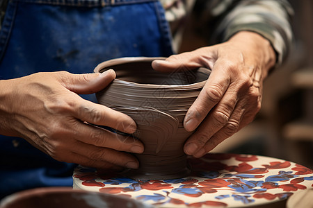 陶艺师在轮盘上用双手制作陶瓷花瓶高清图片