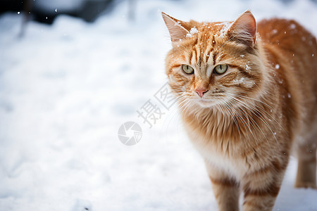 雪中呆萌的橘色小猫背景图片