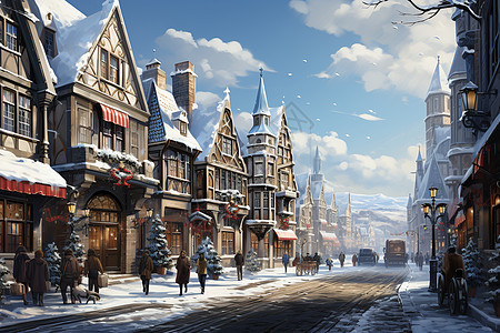 冬季雪后的欧洲古典街道图片