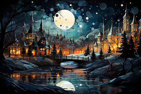 明亮月夜的城堡建筑图片