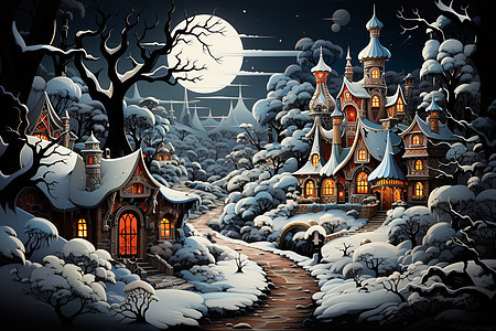 奇幻的雪夜童话小镇图片