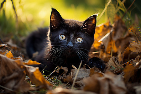 森林中的黑色小猫咪图片
