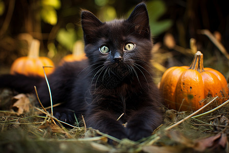 小黑猫与南瓜图片
