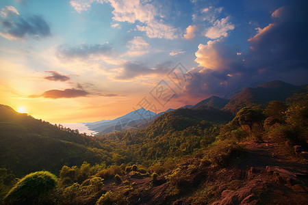 秋季山林夕阳下壮观的山林景观背景