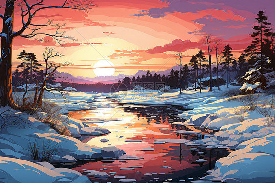 冬季夕阳下美丽的林间溪流图片