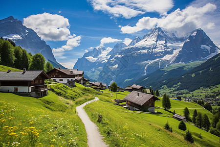 夏季高山脚下的乡村景观背景图片