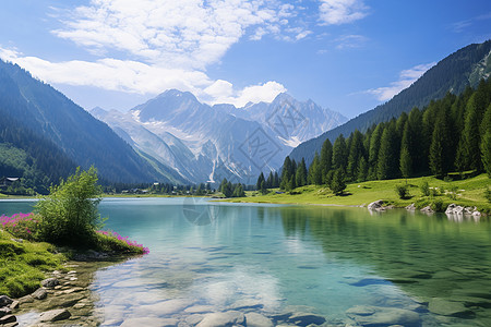 夏季山中静谧的湖泊景观图片