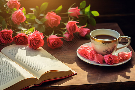咖啡书籍清晨惬意的阅读时光背景