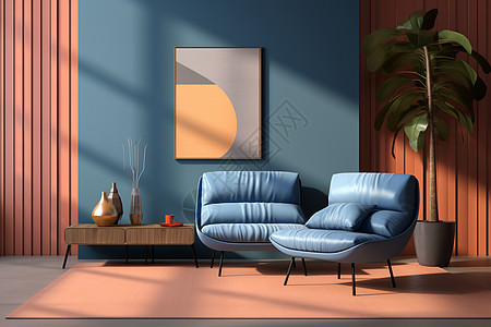 客厅中的蓝色沙发高清图片