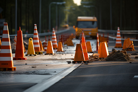 施工道路危险道路上的警示路障背景