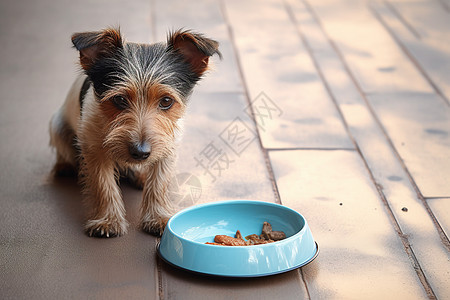 户外食物碗旁的可爱小狗图片