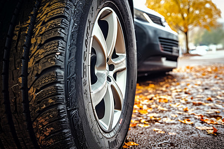 秋季雨后街道上的车辆轮胎背景图片