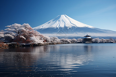 湖泊冰雪覆盖的火山图片