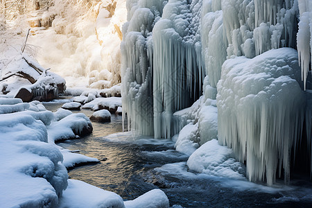 冬季山间冰冻的瀑布图片
