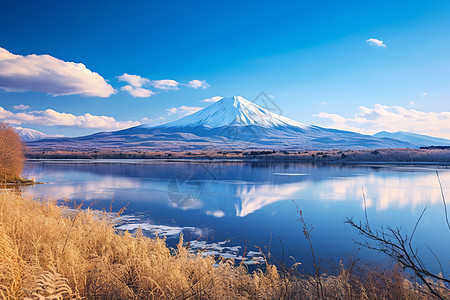 手绘蓝天秋季壮观的富士山景观背景