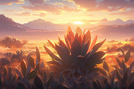 夕阳下沙漠中的仙人掌图片