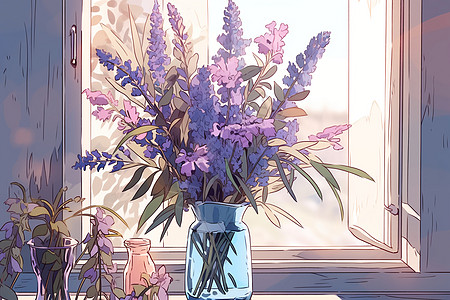 窗边阳光下素雅的花束背景图片