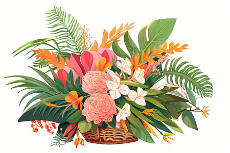 颜色艳丽的热带花束插图图片