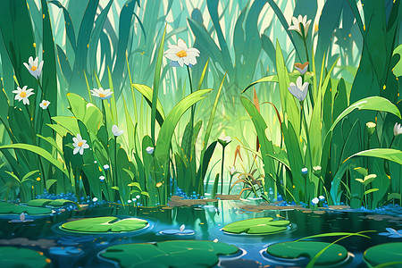 夏季池塘中茂盛的鸢尾花图片