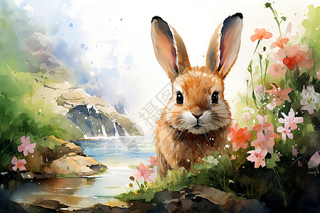 小溪旁可爱的野兔水彩插图背景图片