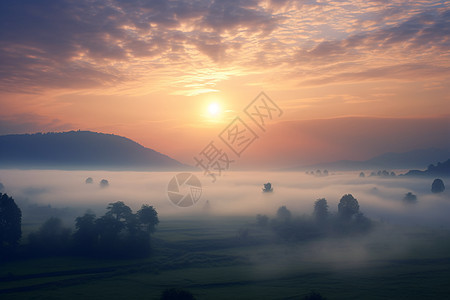 迷雾笼罩下的山谷日出图片