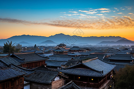 日落余晖下的古城风景背景