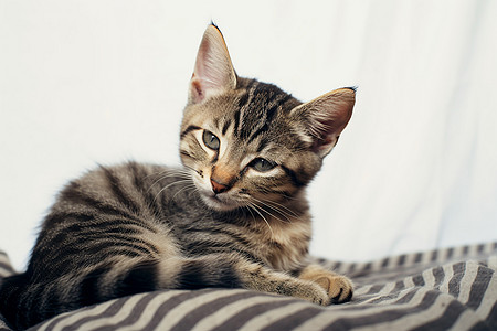 条纹毛毯上的猫咪图片