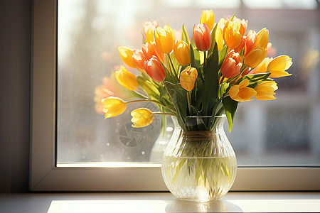 窗台的郁金香花瓶图片