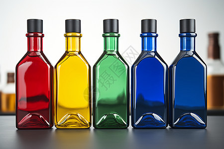 桌子上的彩色玻璃瓶图片