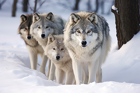 一群狼在雪地森林中图片